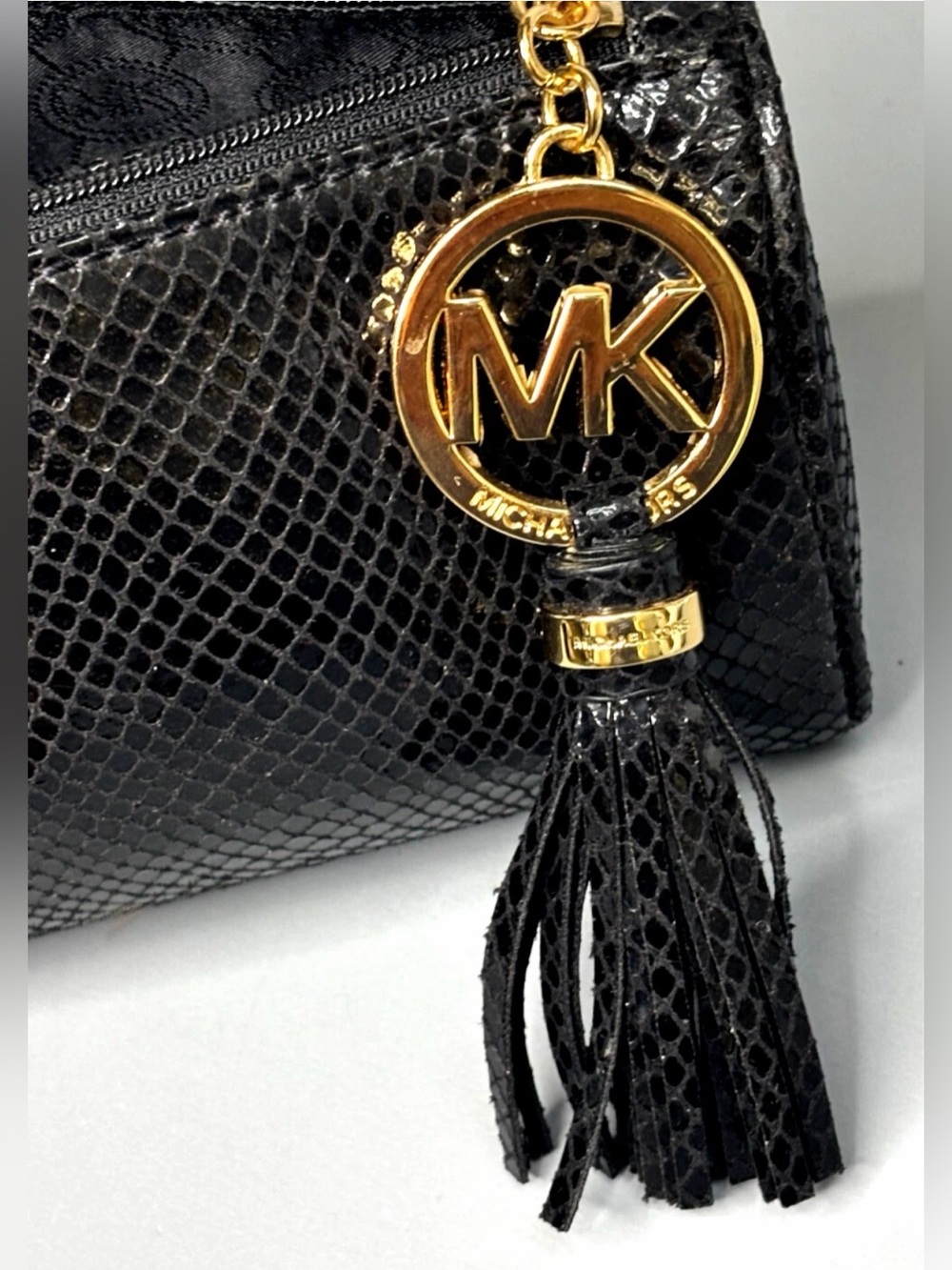 Michael Kors Black Snake-Embossed Leather Cosmetic Pouch w Gold MK Tassel EUC - Picture 4 of 15
